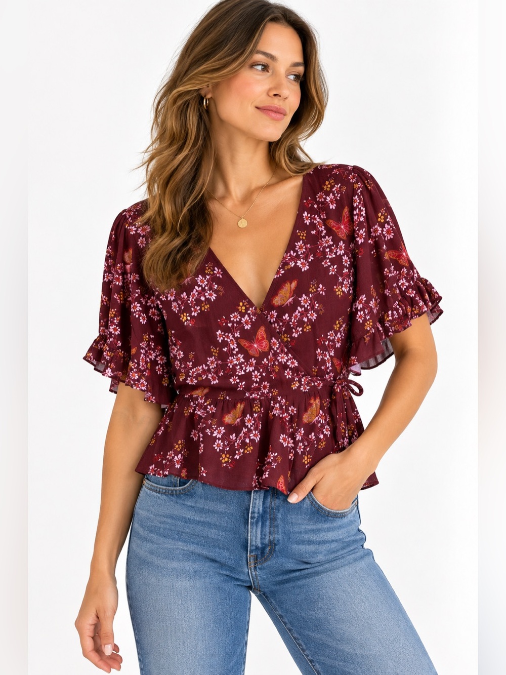 Madewell Burgundy Butterfly Sanctuary Floral Tie Sleeve Wrap Blouse Top 8